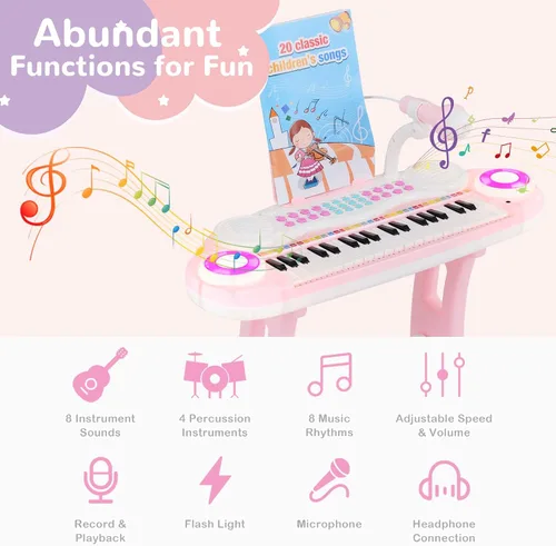 Miniatura 2 de Costzon Piano de teclado de juguete para niños de 37 teclas con patas desmontables, banco, partitura de música, luz flash, canciones MP3 integradas