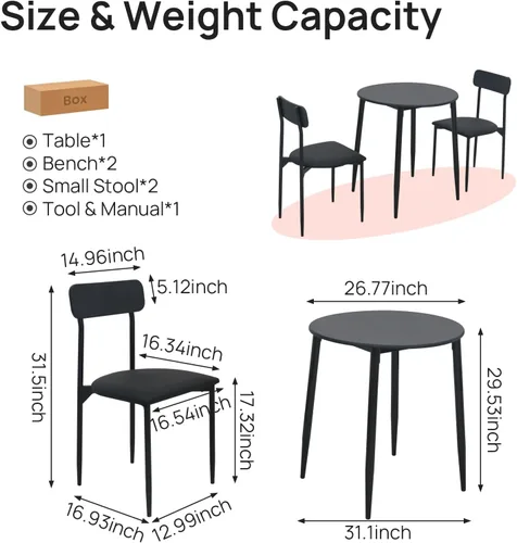 Miniatura 6 de Juego de mesa de comedor redonda para 2, mesa de cocina Samill de 3 piezas con marco de metal fuerte, comedor moderno con sillas para espacios Negro