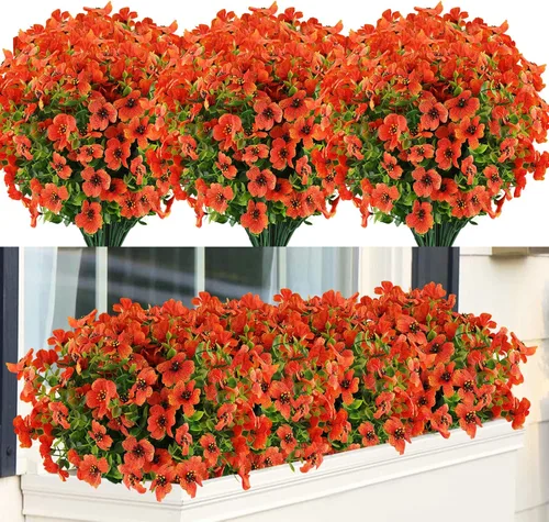 Miniatura 10 de GREENRAIN 6 paquetes de flores artificiales resistentes a los rayos UV, plantas falsas para exteriores, flores de plástico sintético para jardín