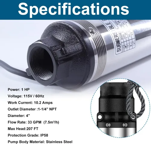 Miniatura 2 de Bomba sumergible de pozo profundo, bomba de pozo de 1 hp 115 V, 33 GPM, cabeza máxima de 207 pies, acero inoxidable, diámetro exterior de 4 pulgadas