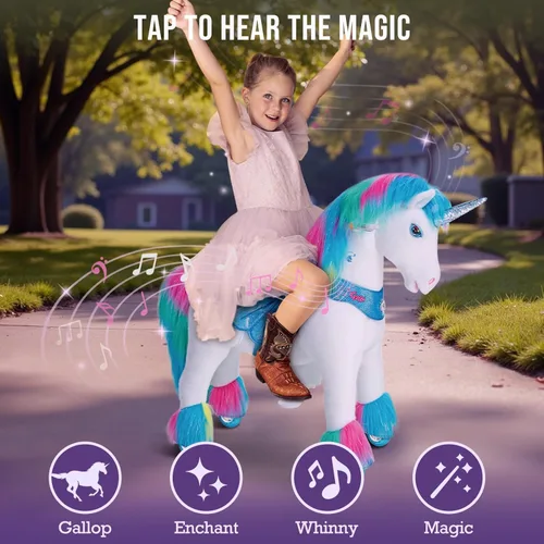 Miniatura 4 de PonyCycle Unicornio arcoíris para montar en unicornio, no requiere batería, tamaño 4, juguete mecánico de peluche, modelo avanzado Y con silla