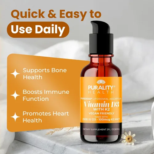 Miniatura 3 de PURALITY HEALTH Vitamina D3 con suplemento líquido K2, vegano, absorción mejorada liposomal micelle, sin OMG, suministro para 30 días