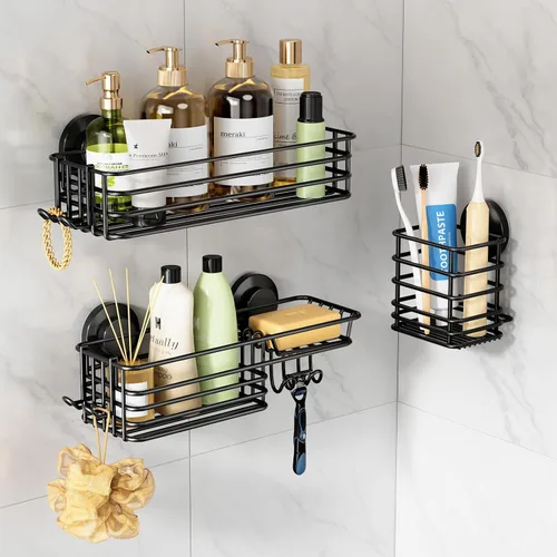 Miniatura 13 de LEVERLOC Cesta de ducha con ventosa, cesta de ducha con ganchos y jabonera para baño, organizador de ducha para baño sin necesidad de taladrar