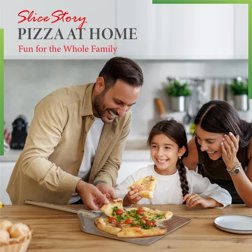 Miniatura 8 de The Italian Kitchen - Pala perforada para pizza, pala profesional de metal de 13 x 16.7 pulgadas, 27.3 pulgadas en total, funciona con todos