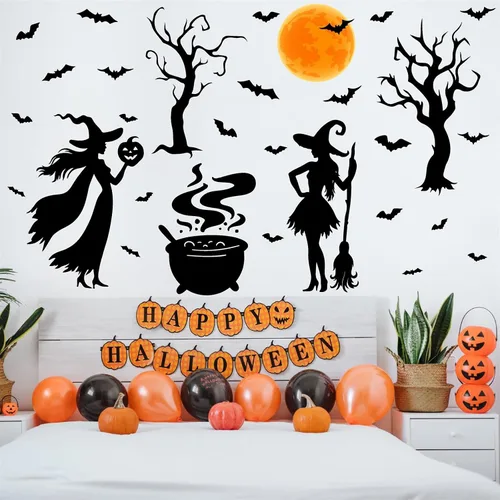 Miniatura 9 de Calcomanías de Halloween para ventana, calcomanías de brujas negras, calcomanías de pared de Halloween, murciélagos de árbol negro, murales de arte