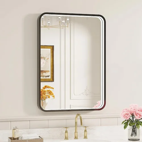 Miniatura 34 de Espejo de baño LED de 24x32 pulgadas con luces, espejo LED con marco de metal negro para baño, 3 colores y luz regulable sin escalones montada