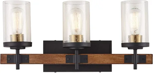 Miniatura 2 de Possini Euro Design Kata Farmhouse - Lámpara de pared rústica de madera sintética negra con cable de 22 pulgadas, 3 lámparas, cristal cilíndrico