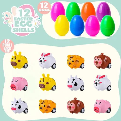 Miniatura 3 de BAINFE 12 huevos de Pascua con juguetes de automóvil para tirar hacia atrás, huevos de plástico con vehículos de animales de dibujos animados