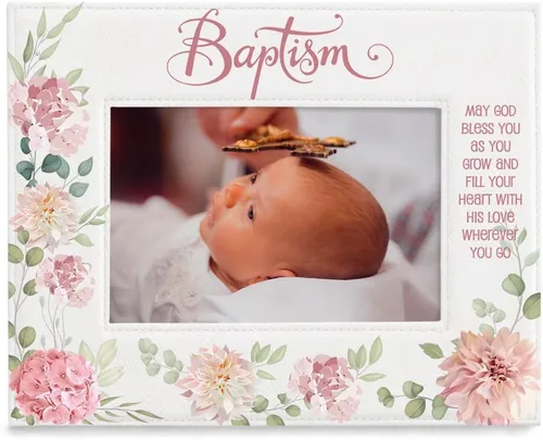 KATE POSH Marco de fotos de bautismo para niña, decoración de flores rosas, bautizo, regalo religisoso, de padrinos, bebé nuevo (4 x 6 horizontal)