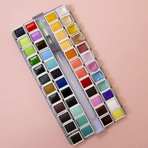 Miniatura 5 de Craftelier - Pastillero de acuarela con surtido de 48 colores + pincel de agua con depósito de agua para caligrafía, letras o medios mixtos y otras