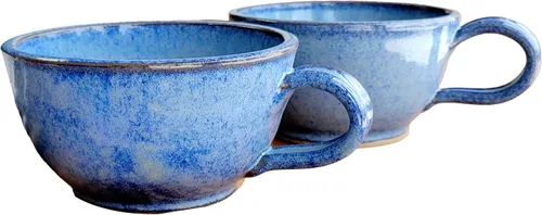 Miniatura 13 de Juego de 2 cuencos de sopa estilo granja con asas, grandes profundos, tazas colgantes de cocina, decoración de cerámica hecha a mano