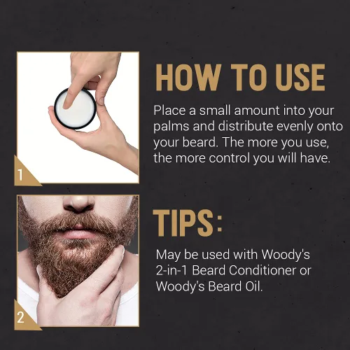 Miniatura 6 de Woody's Bálsamo para barba 2 en 1 para hombres – Suavizante de barba para hombres y cera de estilo, acondicionador e hidratante de cera de abeja