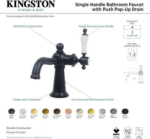 Miniatura 3 de Kingston Brass KS154KLCP Grifo de baño náutico de una sola manija con Push Pop-Up, cromo pulido