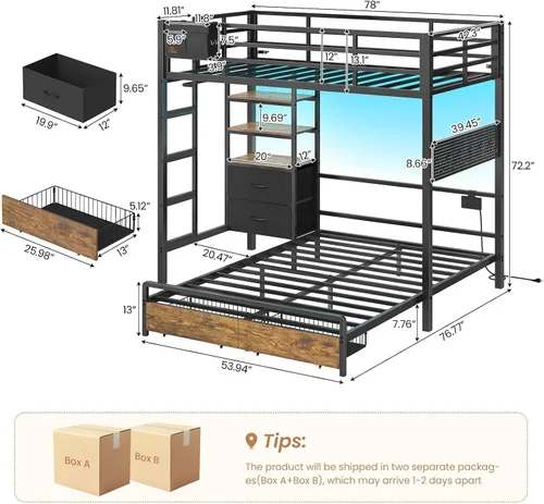 Miniatura 2 de DICTAC Litera individual sobre tamaño matrimonial con 4 cajones de almacenamiento y estantería abierta de 3 niveles de metal con luces LED, estación