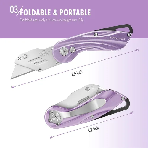 Miniatura 3 de FantastiCAR - Cuchillo plegable con caja para regalo, cuchillo utilitario de metal resistente con 5 cuchillas adicionales, cambio rápido