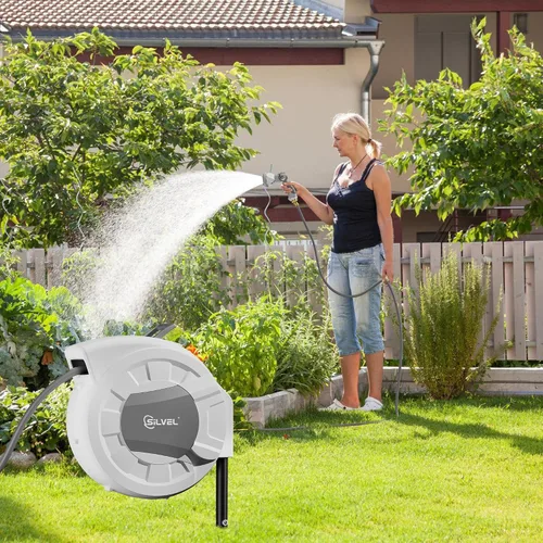 Miniatura 8 de SILVEL Carrete de manguera de jardín retráctil automático en estaca de metal, 1/2 pulgada x 90 pies montado en el suelo al aire libre, resistente a