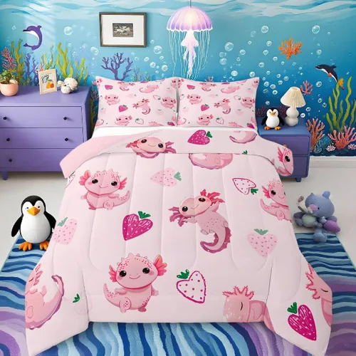 Miniatura 22 de Feelyou Lindo juego de ropa de cama de ajolote para niños y niñas tamaño twin, juego de edredón de salamandra para niños, mujeres y hombres, edredón
