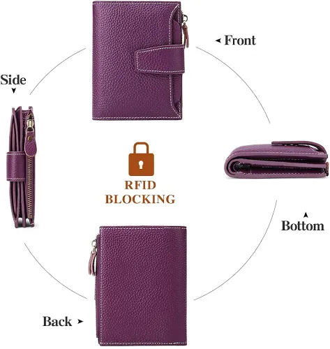 Miniatura 4 de FALAN MULE - Cartera de cuero auténtico para mujer pequeña plegable compacta con interferencia de radiofrecuencia RFID