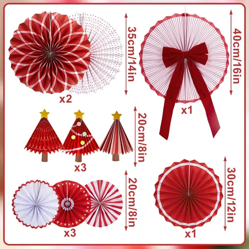 Miniatura 2 de Decoración de abanico de papel de Navidad, decoraciones de sombrero de Papá Noel, divertidos abanicos de papel colgantes rojos con estrellas doradas