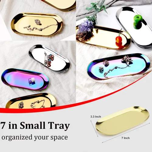 Miniatura 2 de Bandeja decorativa de acero inoxidable, juego de 2, 7 pulgadas de largo, organizador de cosméticos para joyas, bandeja de almacenamiento pequeña