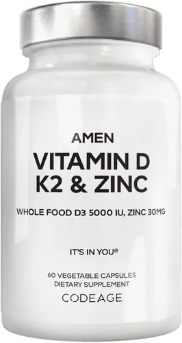 Amen Vitamina D, K2 y zinc, colecalciferol D3 5000 UI, mezcla orgánica de alimentos integrales con manzana, arándano, arándano, frutas en polvo de