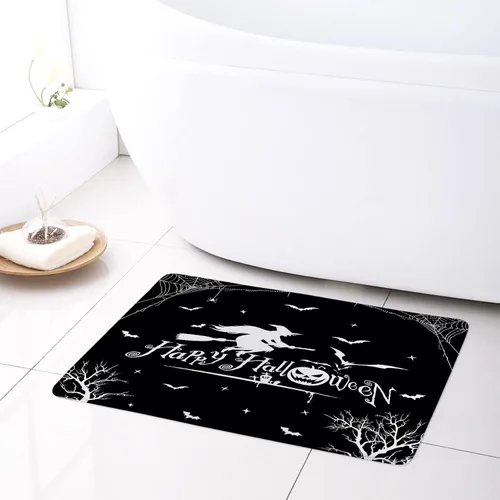 Miniatura 6 de HVEST Cortina de ducha de Halloween y alfombras de baño, escoba de bruja, murciélago, telaraña y árbol muerto sobre tapete de baño, cortina de ducha