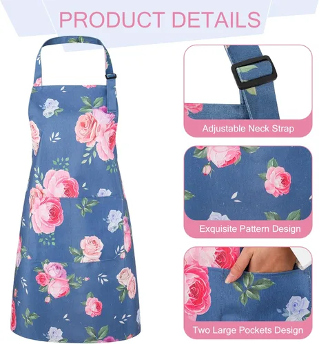 Miniatura 3 de Paquete de 2 delantales florales para mujer con bolsillos, delantal de cocina ajustable para cocinar, hornear, jardinería, manualidades