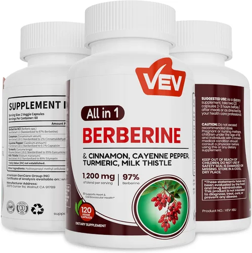VEV Suplemento de berberina con canela de Ceilán, pimienta de cayena, cúrcuma, cardo mariano, vegano y sin OMG, 120 cápsulas