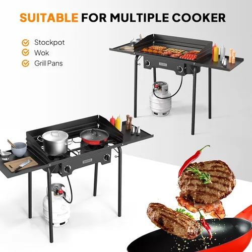 Miniatura 3 de ROVSUN Estufa de gas de propano portátil para exteriores con 2 quemadores, 150,000 BTU de alta presión, estufa de pie para cocinar en el patio