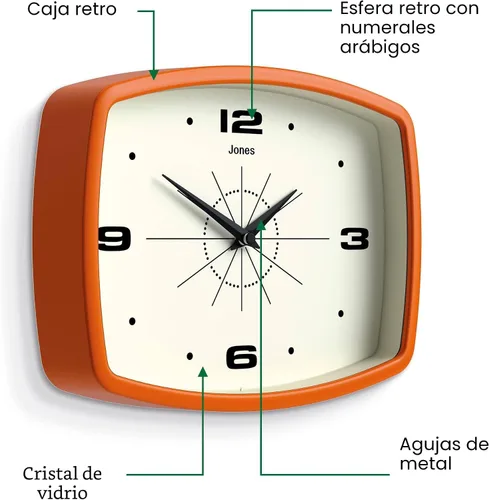 Miniatura 6 de JONES CLOCKS® Reloj de pared de película Reloj retro rectangular 10 pulgadas Naranja Aspecto de diseñador fresco de mediados de siglo