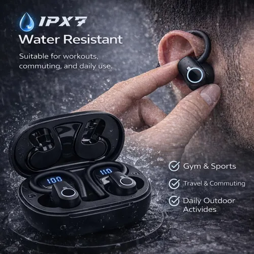 Miniatura 4 de Auriculares inalámbricos Bluetooth 5.3 con ganchos para los oídos, pantalla de alimentación LED de 52 horas de reproducción, IPX7 impermeables