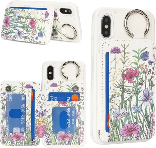Miniatura 17 de Havaya Funda para iPhone Xs y iPhone X, cartera con tarjetero y llavero, soporte de anillo de piel sintética, diseño floral con ranuras