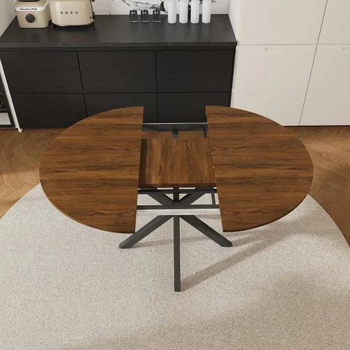 Miniatura 7 de Juego de mesa de comedor redonda para 4, juego de mesa de comedor extensible de 43-59 pulgadas, mesa de grano de madera de nogal y 4 sillas