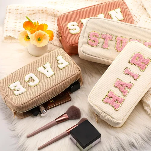 Miniatura 2 de Sanwuta Juego de 4 bolsas de maquillaje de viaje, con letras de chenilla, bolsa de pana para el cuidado de la piel, organizador de cosas