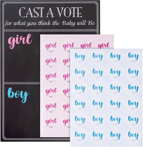 Miniatura 7 de Juego de mesa para revelar el género del bebé con 144 calcomanías de voto para niña o niño, cartel de voto con soporte, diseño de pizarra