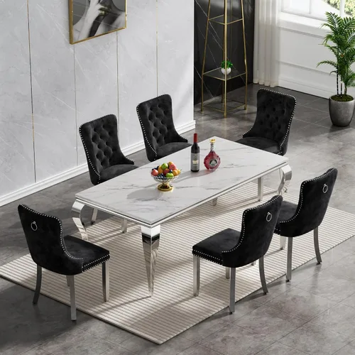 Miniatura 81 de Moderno juego de mesa de comedor de mármol sintético de 68.11 pulgadas para 6, mesa de comedor de mármol blanco y plateado con 6 sillas de Blanco