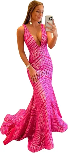Vestido de fiesta de sirena con lentejuelas brillantes, cuello en V profundo, espalda descubierta, vestidos de fiesta formales con tren