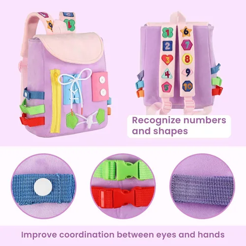 Miniatura 2 de Busy Board - Mochila para niños pequeños con hebillas y juguetes de actividades de aprendizaje, desarrolla habilidades motoras finas y habilidades
