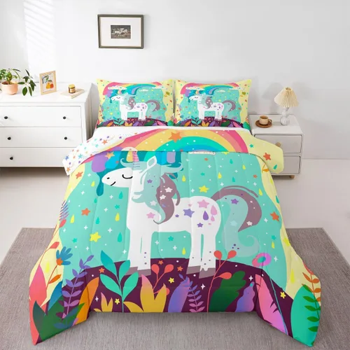 Miniatura 20 de Feelyou Juego de ropa de cama de unicornio para niñas, bonito edredón con purpurina de unicornio de dibujos animados arco iris para niños, juego