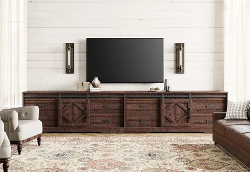 Miniatura 10 de WAMPAT Moderno soporte de TV de granja para TV de 65 pulgadas con puntuación de madera y fricción a través del envejecimiento, centro