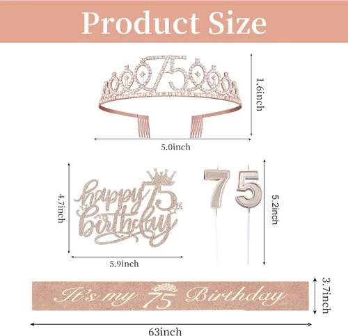 Miniatura 2 de Decoraciones de cumpleaños de 75 años, que incluyen banda, adorno para pastel, corona y velas de cumpleaños de 75 años; regalos, decoración