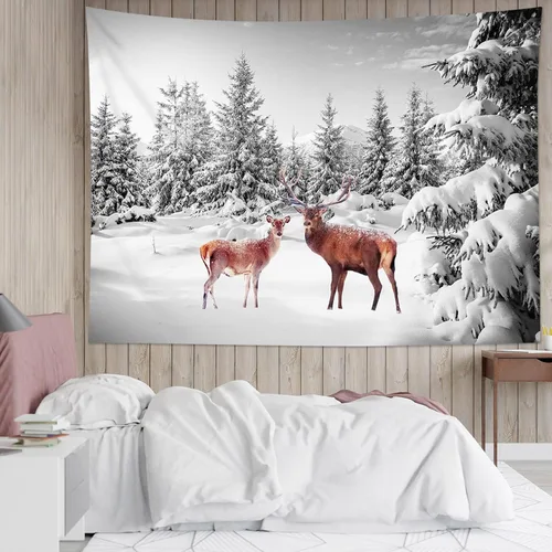 Miniatura 2 de LB Tapiz de bosque nevado para colgar en la pared, lindo ciervo y nieve cubierto de pino, tapiz de pared con cielo gris para dormitorio, tapiz