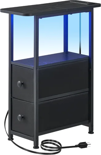 DALEMHOME Mesa auxiliar estrecha con estación de carga, mesa auxiliar estrecha con cajón, mesita de noche pequeña con luz LED, mesita de noche Negro