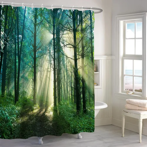 Miniatura 23 de Renaiss Cortina de Ducha de Cascada de Bosque de 72x72 Pulgadas Árbol Verde Agua Lago Selva Tropical Bosque Ventana de Madera Blanca Paisaje Natural