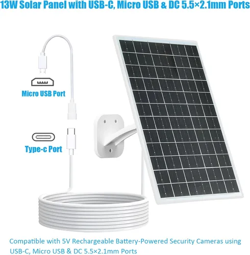Miniatura 3 de Panel Solar de 13W para Cámaras de Seguridad al Aire Libre, USB-C, Micro USB y Salida DC de 5.5x2.1mm, Montura de 360°, Resistente al Agua IP66