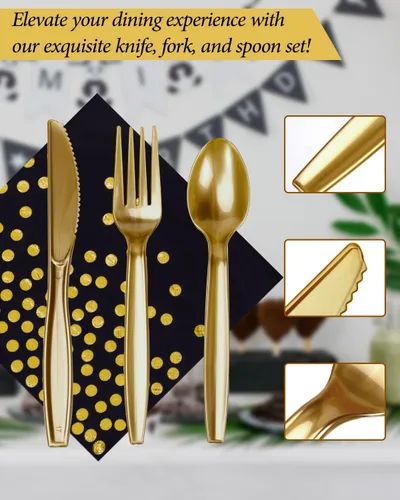 Miniatura 5 de 224 piezas de suministros para fiestas, platos de fiesta negros y dorados, juegos de vasos y servilletas con cuchillos, tenedores y cucharas