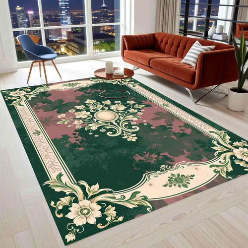 Alfombra clásica vintage clásica de color rosa claro, verde esmeralda, blanco, con textura floral geométrica, aburrida para sala de estar,
