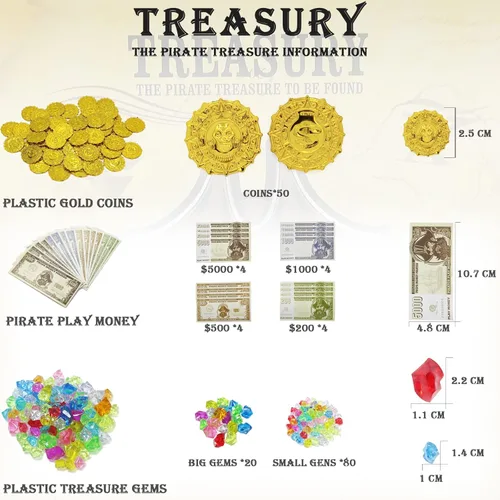 Miniatura 4 de Juego de 182 piezas de cofre del tesoro pirata con marco dorado para niños, con candado, mapa, monedas, aretes, anillos, parche para ojos, brújula