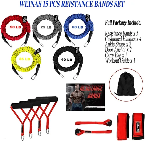 Miniatura 8 de Bandas de resistencia, juego de 15 bandas elásticas para ejercicio, tubos de resistencia de 20 libras a 40 libras con mangas protectoras de nailon
