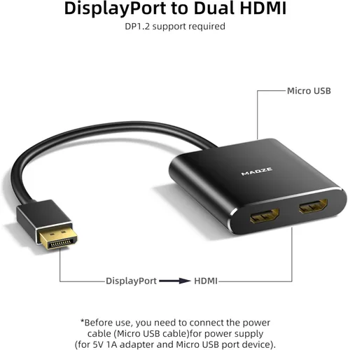 Miniatura 4 de Adaptador DisplayPort a HDMI dual de 4K a 60Hz - Puerto de pantalla a 2 divisor HDMI, divisor de monitor dual MST para computadora, laptop, tarjeta